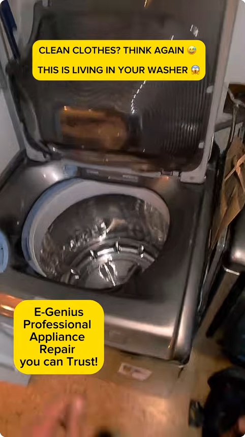 Washing machine opened for inspection in an E-genius repair video